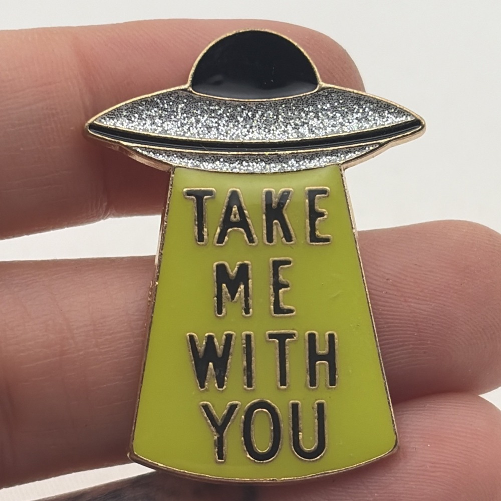 Take Me With You Glitter UFO Tractor Beam Funny Novelty Lapel Hat Pin